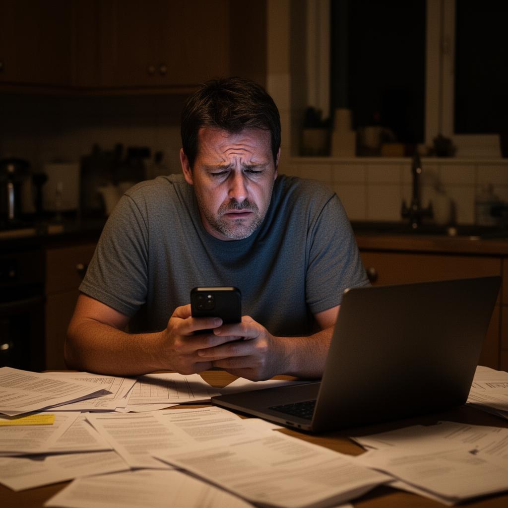 Exhausted landlord at night dealing with short-let guest messages